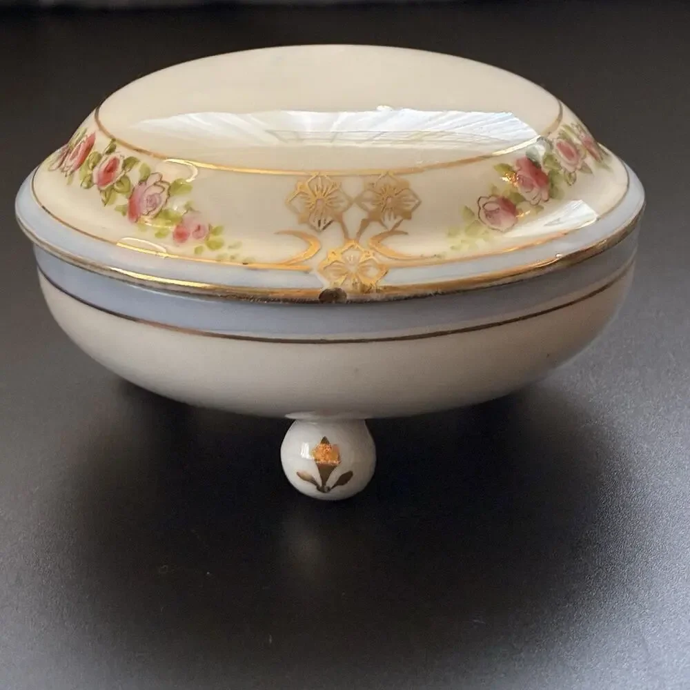 Antique Nippon Footed Covered Dish Hand Painted Roses Rising Sun Mark Japan